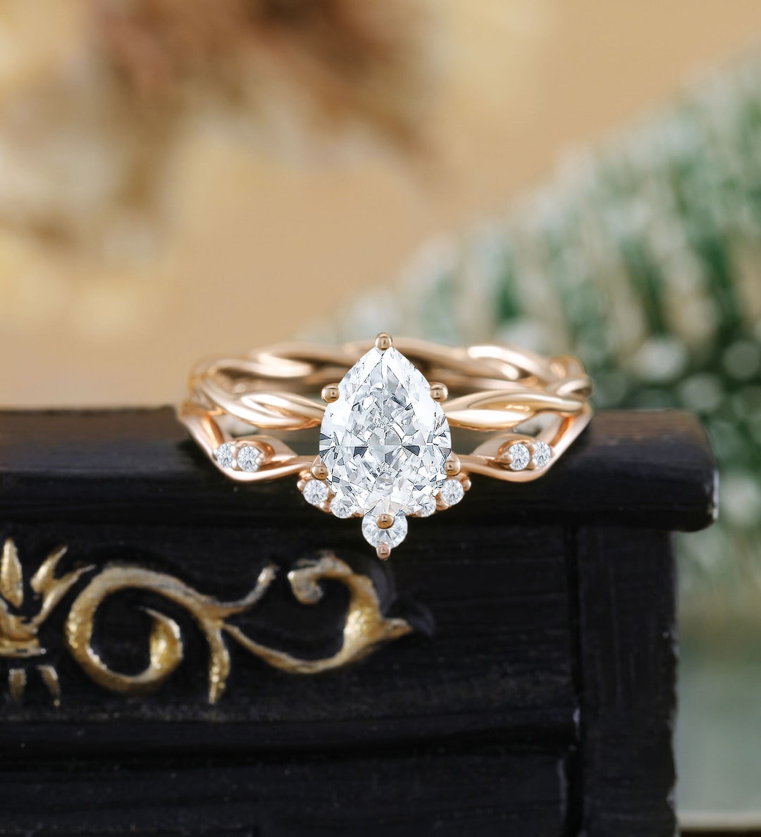 Pear Shaped Lab Grown Diamond Rose Gold Bridal Set Twisted Moissanite ...