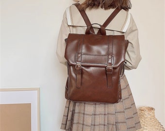 British Style Leather Backpack, Brown Leather Backpack for iPad, Genuine Leather, Aesthetic School Backpack, Bag With Zipper, Gifts Idea