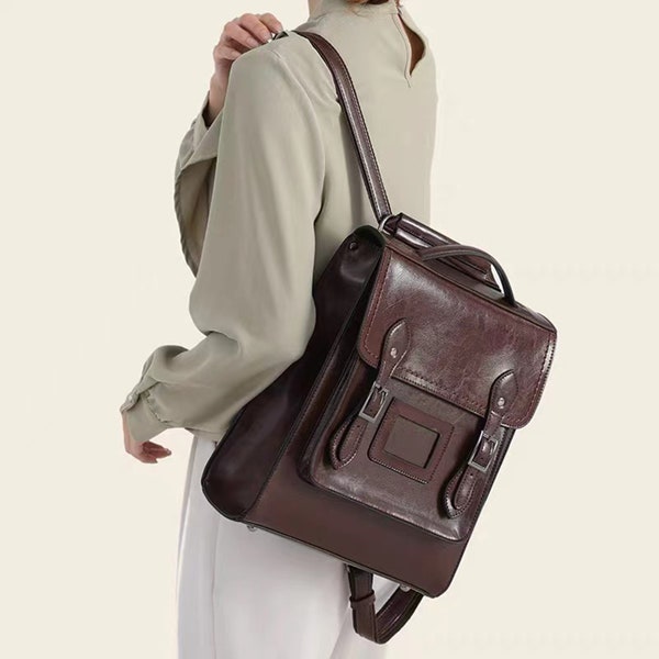 Convertible Leather Backpack Bag for Women, Brown Leather Shoulder Bag for iPad, Large Capacity Leather Backpack For Girl,School office Bag