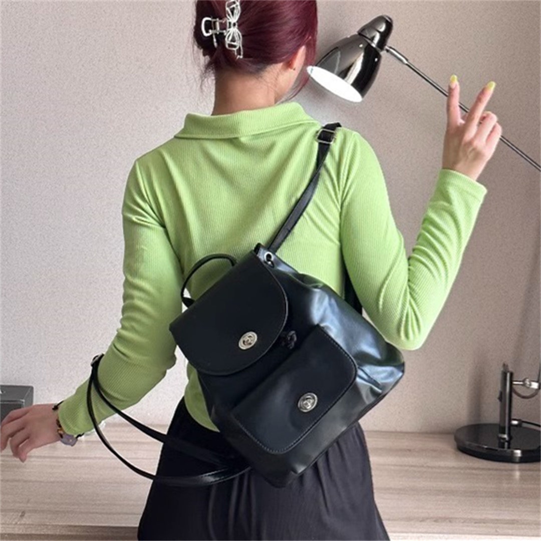 Minimalist Black Leather Backpack, Aesthetic Leather Bag, Small Leather