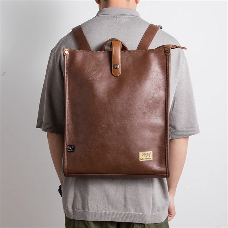 British Style Leather Backpack Men, Leather Backpack For School, PU Leather, College Bag, Real Leather Laptop Bag, Aesthetic Accessory image 1