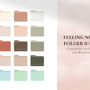 Op de afbeelding: Een set van 12 map-iconen in verschillende neutrale kleuren, waaronder beige, bruin, grijs, groen en blauw. De iconen zijn ontworpen om compatibel te zijn met zowel Mac- als Windows-besturingssystemen. De tekst "FEELING NUDY FOLDER ICONS" wordt weergegeven in zwarte tekst op een roze achtergrond.
