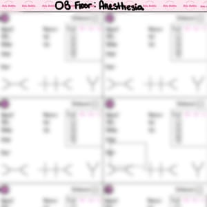 May include: A white paper with the text "OB Floor: Anesthesia" at the top. The paper is divided into sections with various symbols and text, including "Patient" and "Y" symbols. The image is slightly blurred.