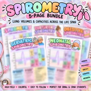 May include: A 5-page educational bundle titled Spirometry: Lung Volumes & Capacities Across the Life Span. The colourful documents feature sections for Geriatric and Neonatal Spirometry, including charts, graphs, and illustrations of lungs and people.