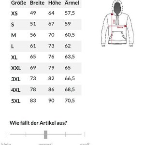 May include: Size chart for a hooded sweatshirt in sizes XS to 5XL. The chart shows the width, height, and sleeve length in inches for each size. The chart also includes a visual representation of how the sweatshirt fits, with a slider labeled "small", "normal", and "large".
