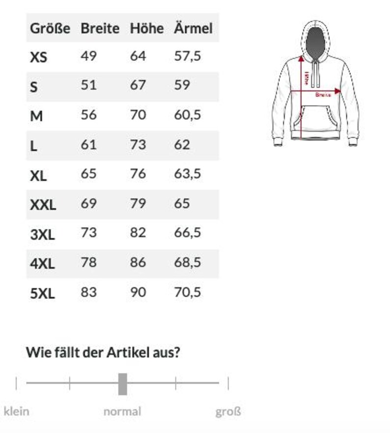 May include: Size chart for a hooded sweatshirt in sizes XS to 5XL. The chart shows the width, height, and sleeve length in inches for each size. The chart also includes a visual representation of how the sweatshirt fits, with a slider labeled "small", "normal", and "large".