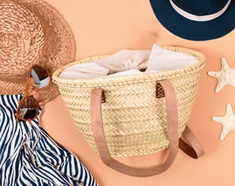 Beach Bag, Straw and Leather Shoulder Bag, French Basket Handbag for Women, Everyday Handmade Bag for Women, Boho Tote Bag, Gifts for Her