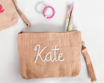 Organizador de maquillaje personalizado, bolsa cosmética, regalo de dama de honor, regalo de fiesta nupcial, bolsa de maquillaje Burlap, despedida de soltera, despedida de soltera