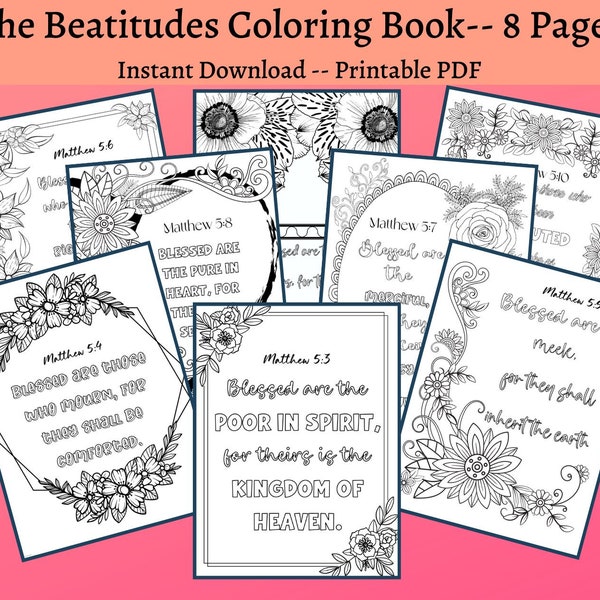 Beatitudes Coloring Book, Scripture Coloring Pages, Bible Verses, Matthew 5, Sermon on the Mount