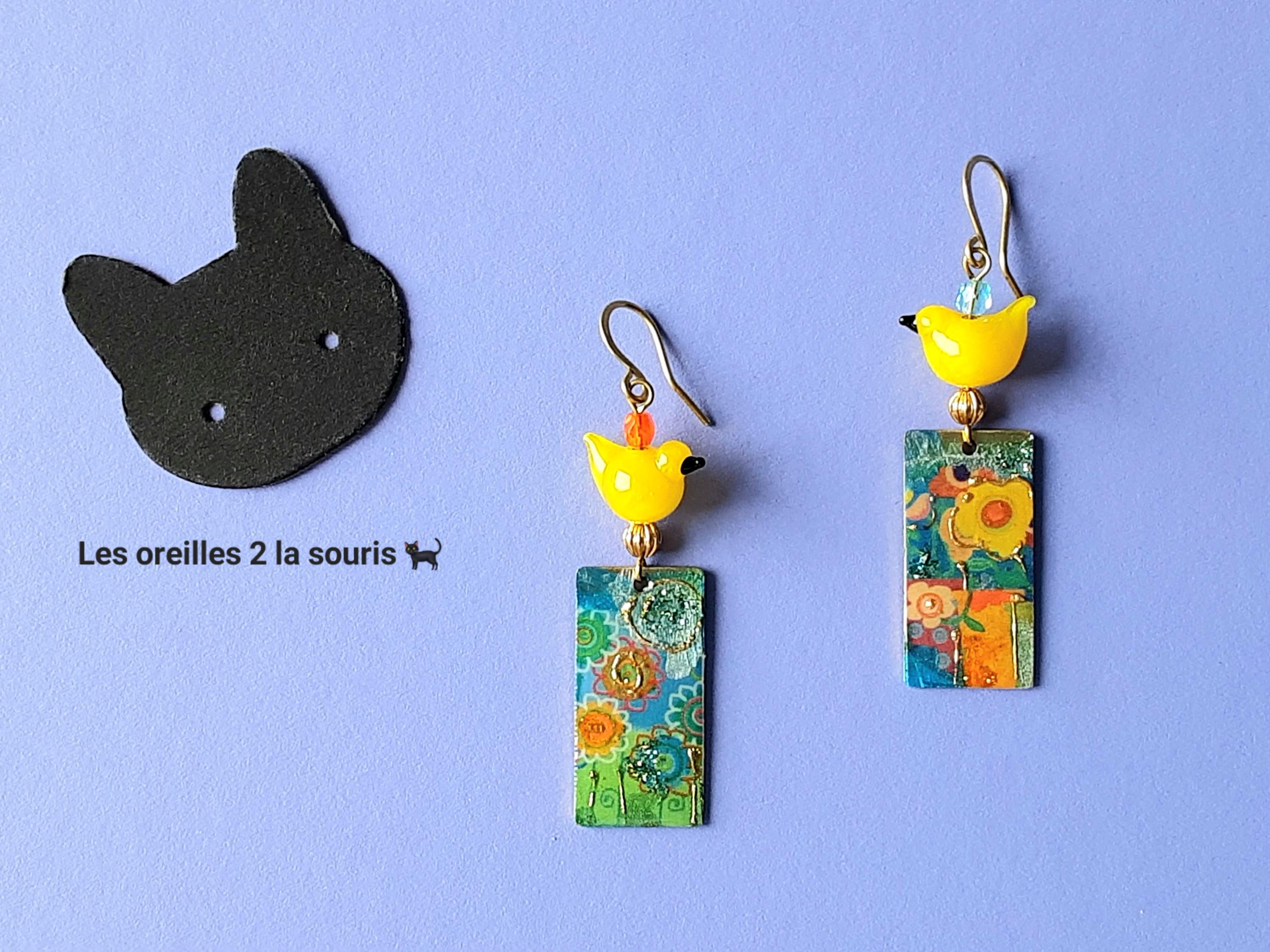 Mismatched yellow bird brass earrings, New York multi-color hypoallergenic earrings, niobium hooks, gold earrings
