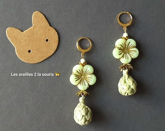 Artichoke or lettuce earrings in ceramic and Czech glass beads or artisanal lampwork, titanium or niobium hooks possible