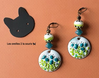 Boho flower earrings, stylized petrol blue, anise green or red in enamelled copper and hypoallergenic artisanal lampwork beads
