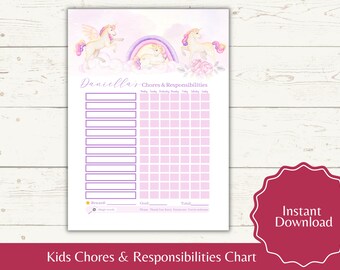 Personalized Unicorn Chores Chart for girls Printable Student Planner Unicorn chore chart Printable Kids responsibilities chart