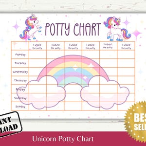 May include: A printable unicorn potty chart with a rainbow and cloud design. The chart includes spaces to track potty use for each day of the week, with unicorn illustrations and the text "Potty Chart". The words "Instant Download" are also visible.