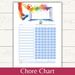 May include: A printable chore chart with a soccer theme. The chart has a colorful soccer goal with a soccer ball in the net. The chart has spaces for writing in chores and responsibilities, and a grid for checking off completed tasks. The chart also has sections for reward, goal, and total.
