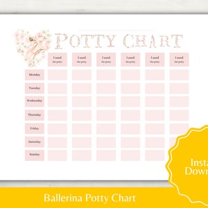 May include: A printable ballerina-themed potty training chart with a pink background and floral accents. The chart includes days of the week and spaces to mark each time the child uses the potty.