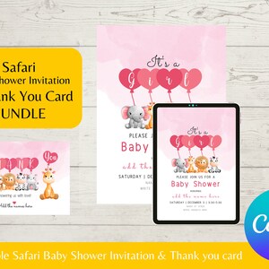 Editable Safari Baby Shower Invitation for girl  Animals Baby Shower Jungle Baby Shower bundle