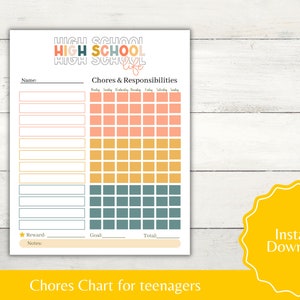Chore chart for Printable for teenagers High school chore chart for older Kids Responsibilities chart for older reward chart for teens
