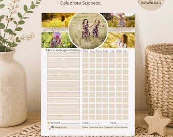 May include: A printable kids chores and responsibilities chart featuring a top section for photos, a grid for days of the week, a reward section, and a list of magic words including Please, Thank You, Sorry, Excuse me, and You're welcome.