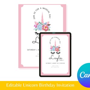 Unicorn Birthday Invitation for girls editable Magical Birthday invite for girl Birthday party Editable Canva Unicorn invitation