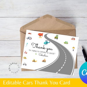 Editable Cars thank you card for boys Birthday Party Ideas vehicles first birthday