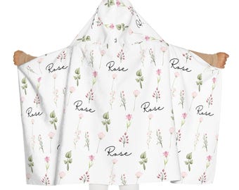Personalized Rose Floral Kids Hooded Towel | Pink Flowers Bath Wrap