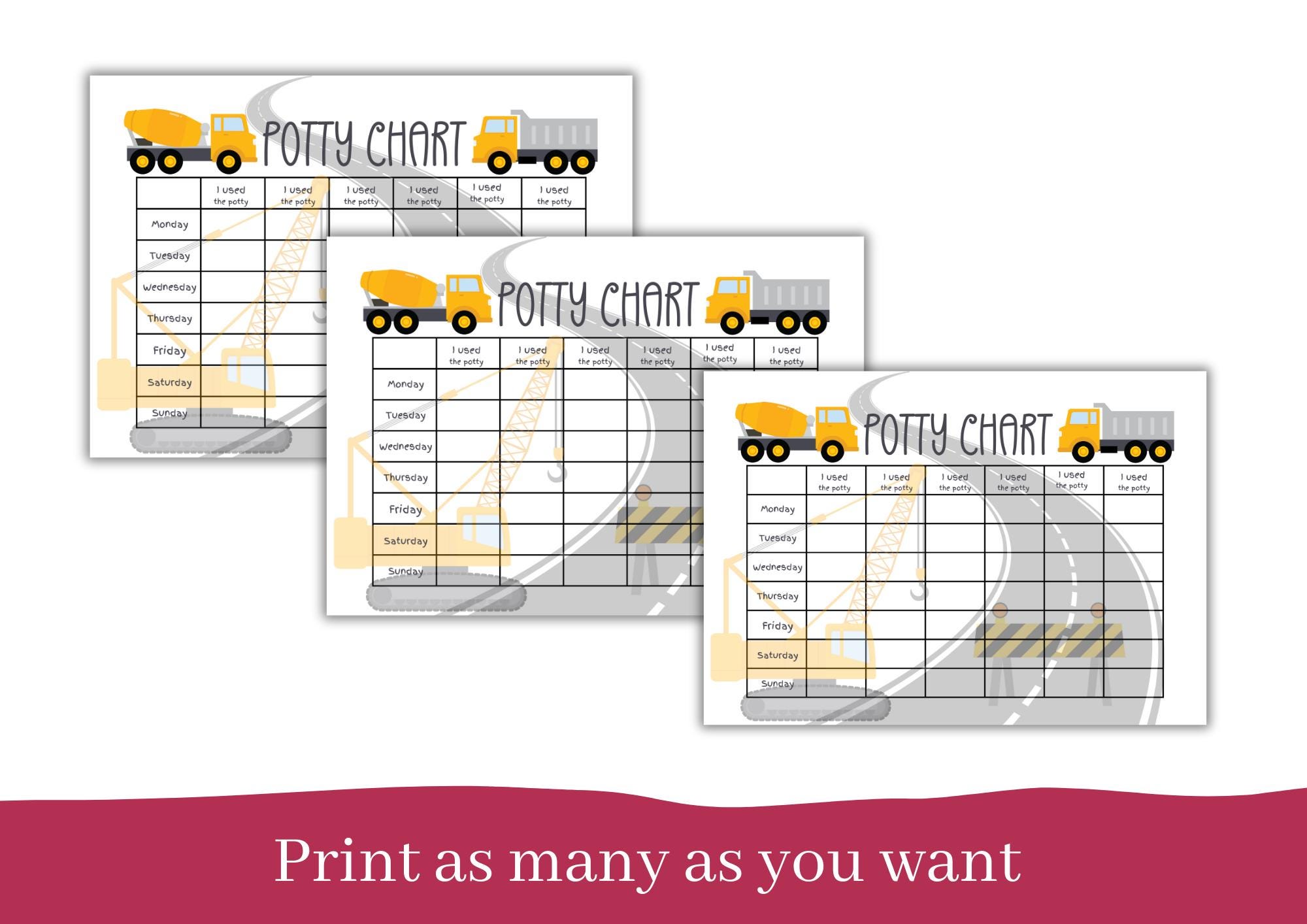 Construction Potty Chart, Printable Potty Chart, Potty Training Reward
