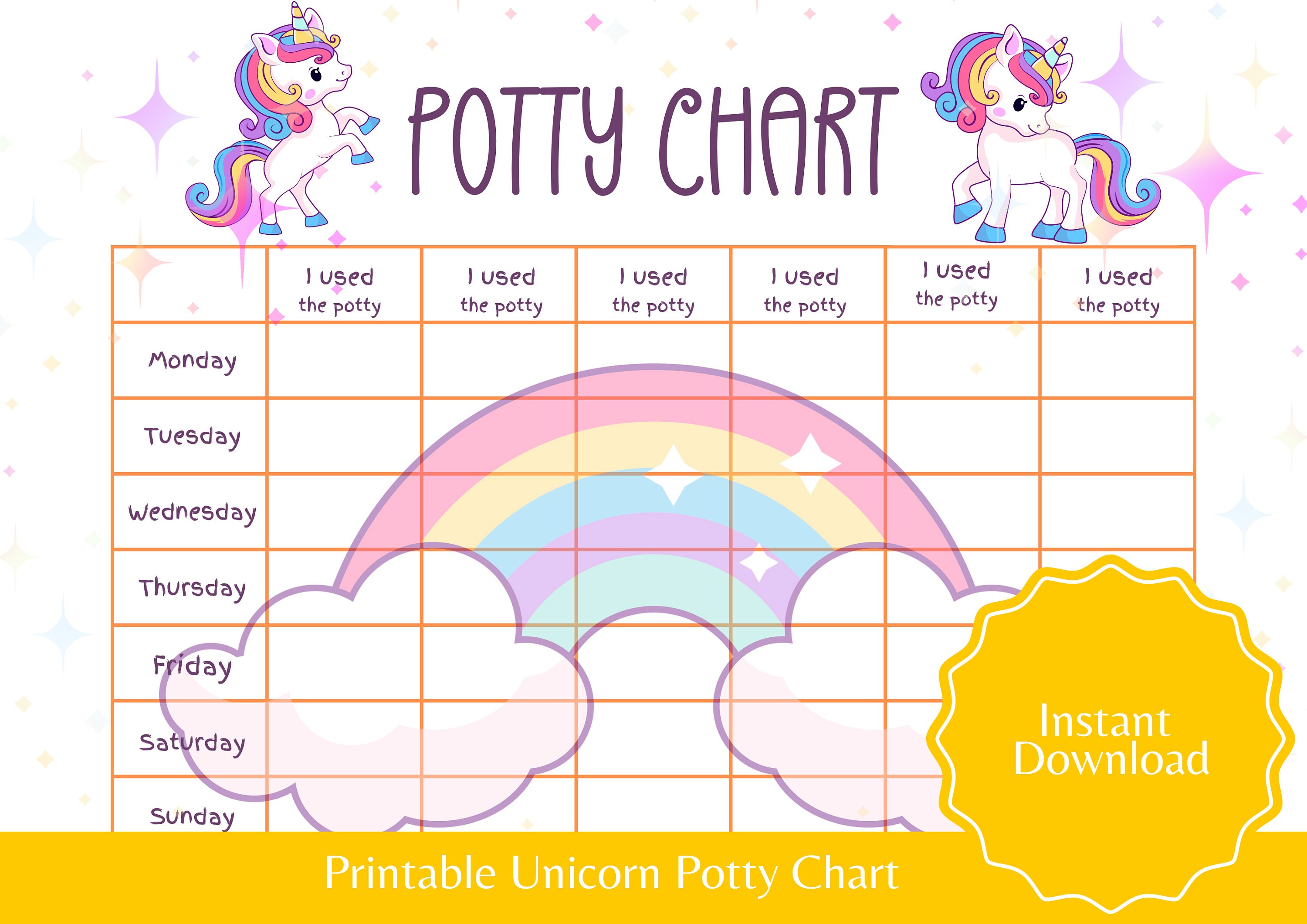 Unicorn Potty Chart Printable For Girls Potty Training Tracker For Toddlers Toilet Training