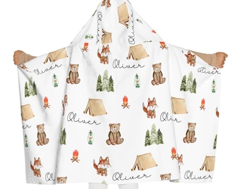 Woodland Camping Kids Hooded Towel | Bear Fox Tent Trees