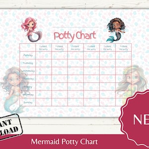 May include: A printable mermaid-themed potty training chart with a pink and blue background. The chart has a grid with days of the week and spaces to mark when the child has used the potty. The chart features illustrations of mermaids with pink, green, and brown hair.