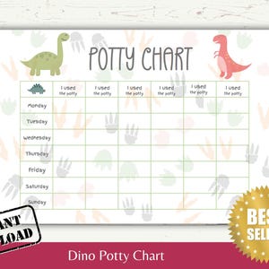 Puede incluir: Un gráfico de entrenamiento para ir al baño imprimible con temática de dinosaurios, con un dinosaurio verde y un dinosaurio rosa. El gráfico tiene una cuadrícula con los días de la semana y espacios para marcar cuándo el niño ha usado el baño.