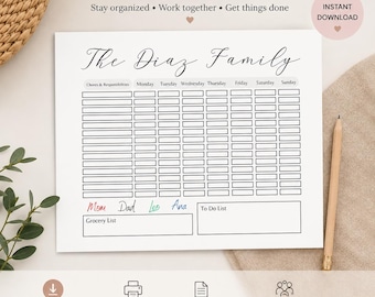 May include: A white family chores chart with black text and grid lines. The header reads FAMILY CHORES CHART, Stay organized, Work together, Get things done. It includes a weekly schedule, a section for names, a Grocery List, and a To Do List.