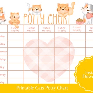 Peut inclure: Tableau d'apprentissage de la propreté imprimable avec un cœur rose à motif à carreaux et une étoile jaune avec le texte "Téléchargement instantané". Le tableau est composé d'une grille avec les jours de la semaine et des colonnes avec de jolis chats de dessin animé et le texte "J'ai utilisé le pot".