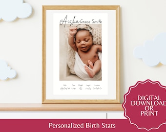 Personalized Birth Stats wall art Printable Birth announcement Newborn info keepsake Custom Newborn gift Nursery decor ideas Baby keepsake