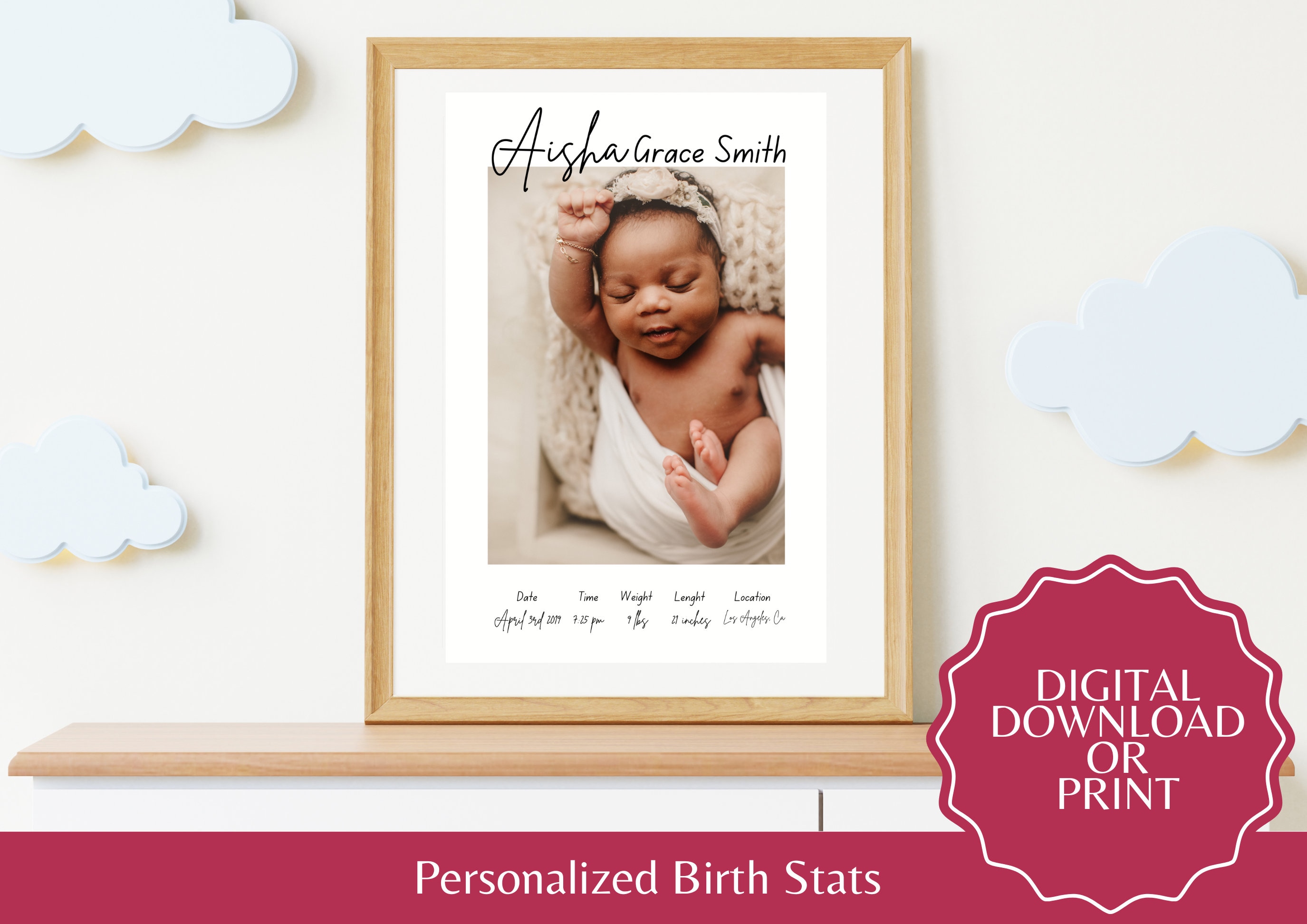 Personalized Birth Stats Wall Art Printable Birth Announcement Newborn ...