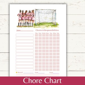 May include: A printable chore chart with a soccer theme. The chart has a space for a name, a list of chores, and a grid for checking off completed chores. The chart also includes spaces for a reward, goal, and total.