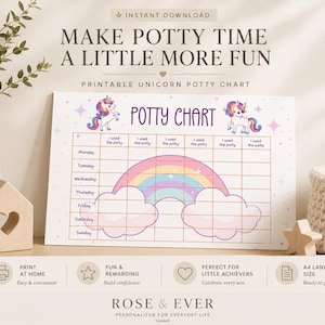 Könnte beinhalten: Ein ausdruckbares Töpfchen-Trainingsdiagramm mit Einhorn- und Regenbogenmotiv sowie dem Text "MAKE POTTY TIME A LITTLE MORE FUN" und "POTTY CHART". Das Raster enthält Spalten mit der Beschriftung "I used the potty" und Wochentage von Montag bis Sonntag.
