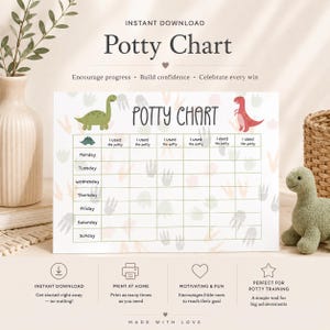 May include: A rectangular potty chart featuring a dinosaur theme with a green and red dinosaur illustration, a grid for the days of the week, and the text "Potty Chart" and "I used the potty" printed in black. The chart includes dinosaur footprint patterns.