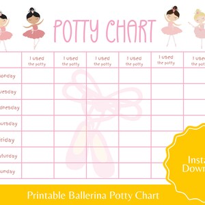 May include: A printable ballerina potty chart with a pink and white color scheme. The chart features a grid with days of the week listed on the left side and columns for each day with the text "I used the potty".  The chart is decorated with ballerina illustrations and pink ballet shoes.