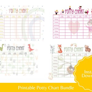 Puede incluir: Un paquete de tablas de entrenamiento para ir al baño imprimibles con cuatro diseños diferentes. Los diseños incluyen un arcoíris, un corazón, dinosaurios y un zorro y un oso en un nido. Cada tabla tiene una cuadrícula con los días de la semana y espacios para marcar los éxitos del entrenamiento para ir al baño.