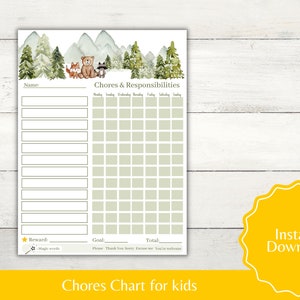 Woodland Chore chart for kids printable Responsibility chart for boys girls reward chart