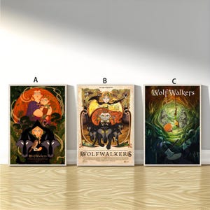 May include: Three framed posters featuring artwork from the animated film "Wolfwalkers." The posters showcase vibrant illustrations with characters and scenes from the movie. The posters are displayed against a light-colored wall.