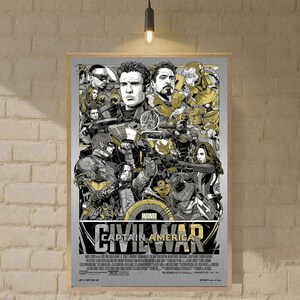 May include: A framed poster for "Captain America: Civil War" featuring Marvel characters. The poster has a silver and yellow colour scheme, with the film's title at the bottom. The artwork depicts various superheroes in action poses.