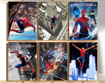 May include: A collection of six rectangular posters featuring Spider-Man in various action poses. The posters include scenes from The Amazing Spider-Man 2, showcasing the character in red and blue suits against cityscapes, lightning, and dark backgrounds.