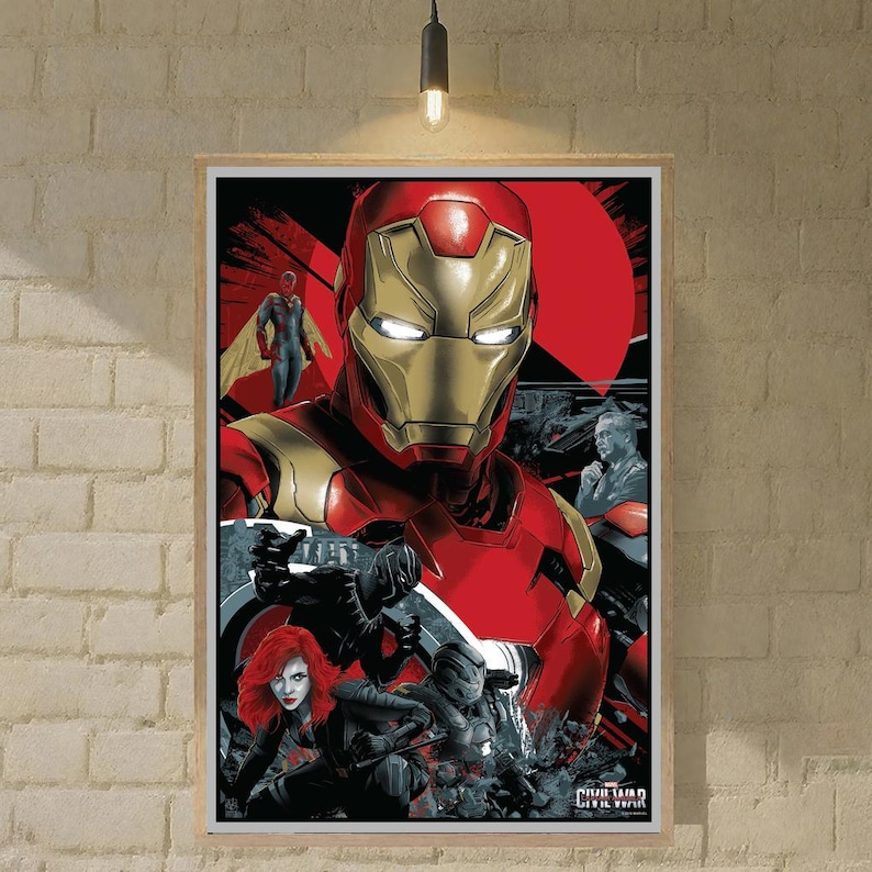 May include: Framed poster featuring Iron Man in a red and gold suit, with other characters from the Marvel Cinematic Universe. The poster has a red and black background with the words "CIVIL WAR" at the bottom.