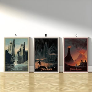 以下が含まれることがあります： 「ロード・オブ・ザ・リング」のシーンを描いた3つの額入りポスター。ポスターはヴィンテージ感があり、くすんだ色と様式化されたイラストが特徴です。各ポスターの下部には「The Lord of the Rings」のタイトルがあります。