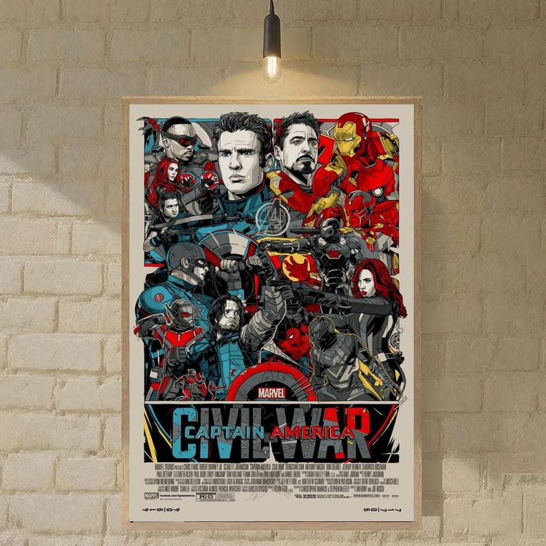 May include: A framed poster for the film "Captain America: Civil War." The artwork features a collage of characters in action poses, set against a beige backdrop. The film's title is prominently displayed at the bottom in a bold font.