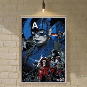 May include: Framed poster featuring Captain America in a blue and white costume, with other characters from the Civil War film. The poster has a wooden frame and is hanging on a brick wall.