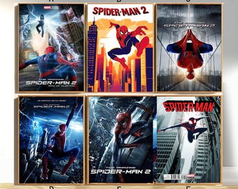 May include: A collection of six rectangular wall art prints featuring Spider-Man in various action poses. The posters display movie titles including The Amazing Spider-Man 2 and Spider-Man, with vibrant red and blue color schemes, city skylines, and lightning effects across the different designs.