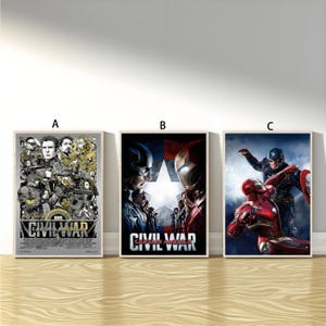 May include: Three framed movie posters from "Captain America: Civil War." Each poster is in a wooden frame, labelled A, B, and C. The posters depict characters and the film's title. The posters are displayed against a white wall.